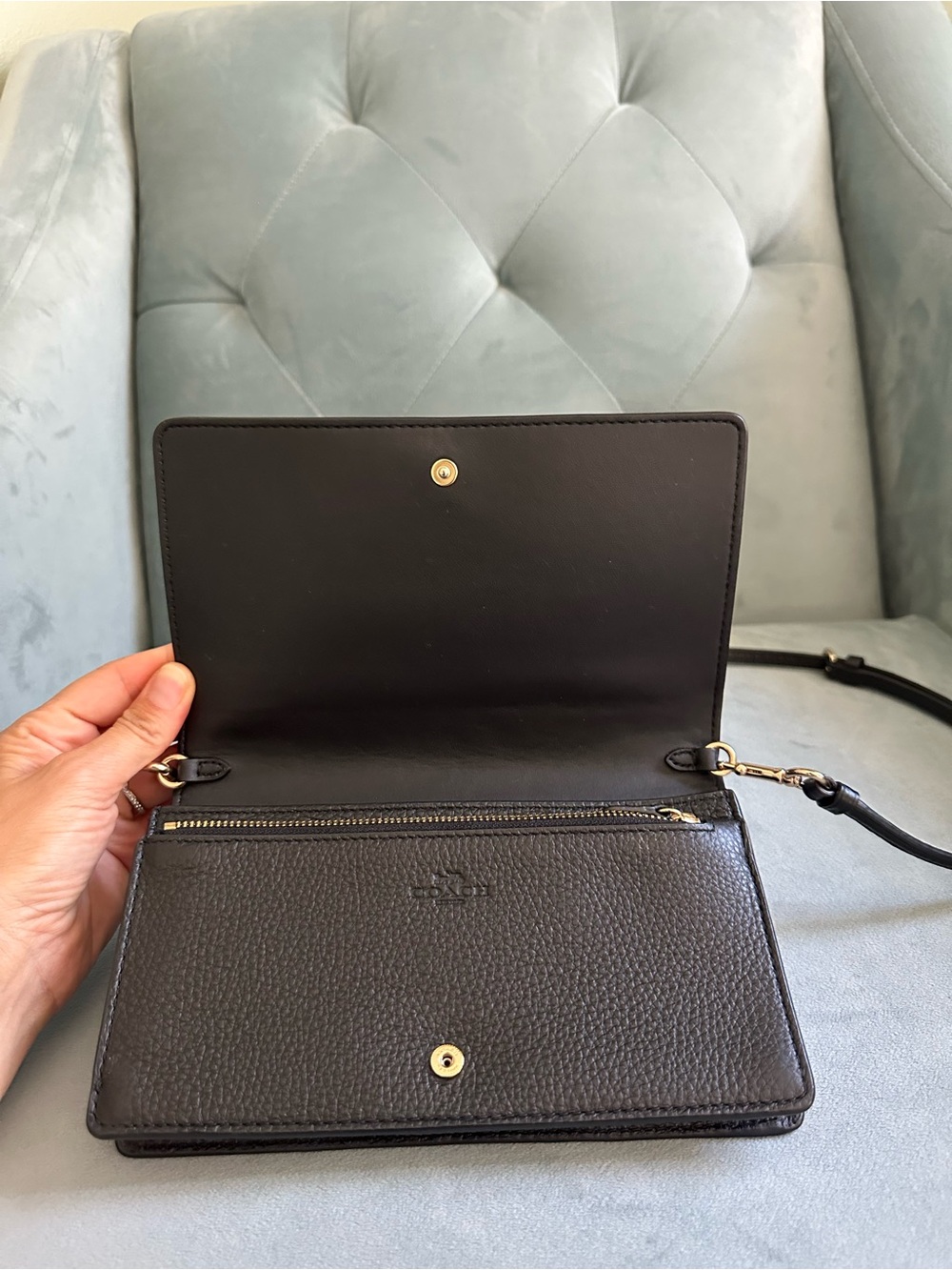 Coach Black Pebbled Leather Crossbody Wallet with Gold Logo - Picture 11 of 17